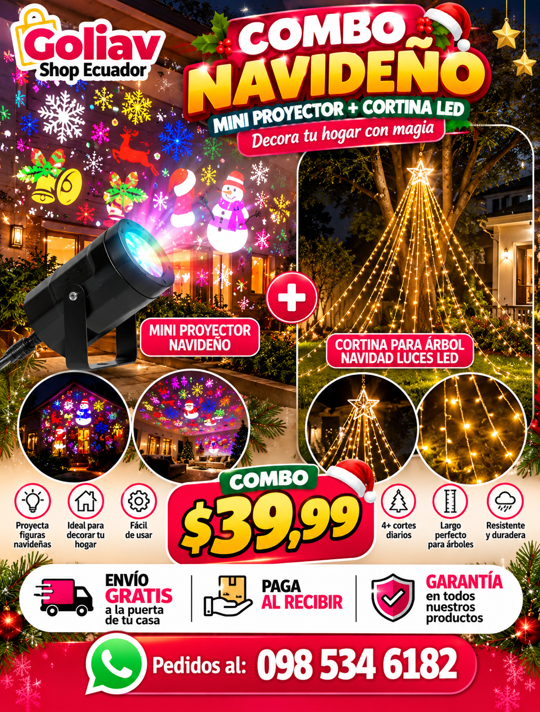 Mini proyector navideño + cortina Led combo
