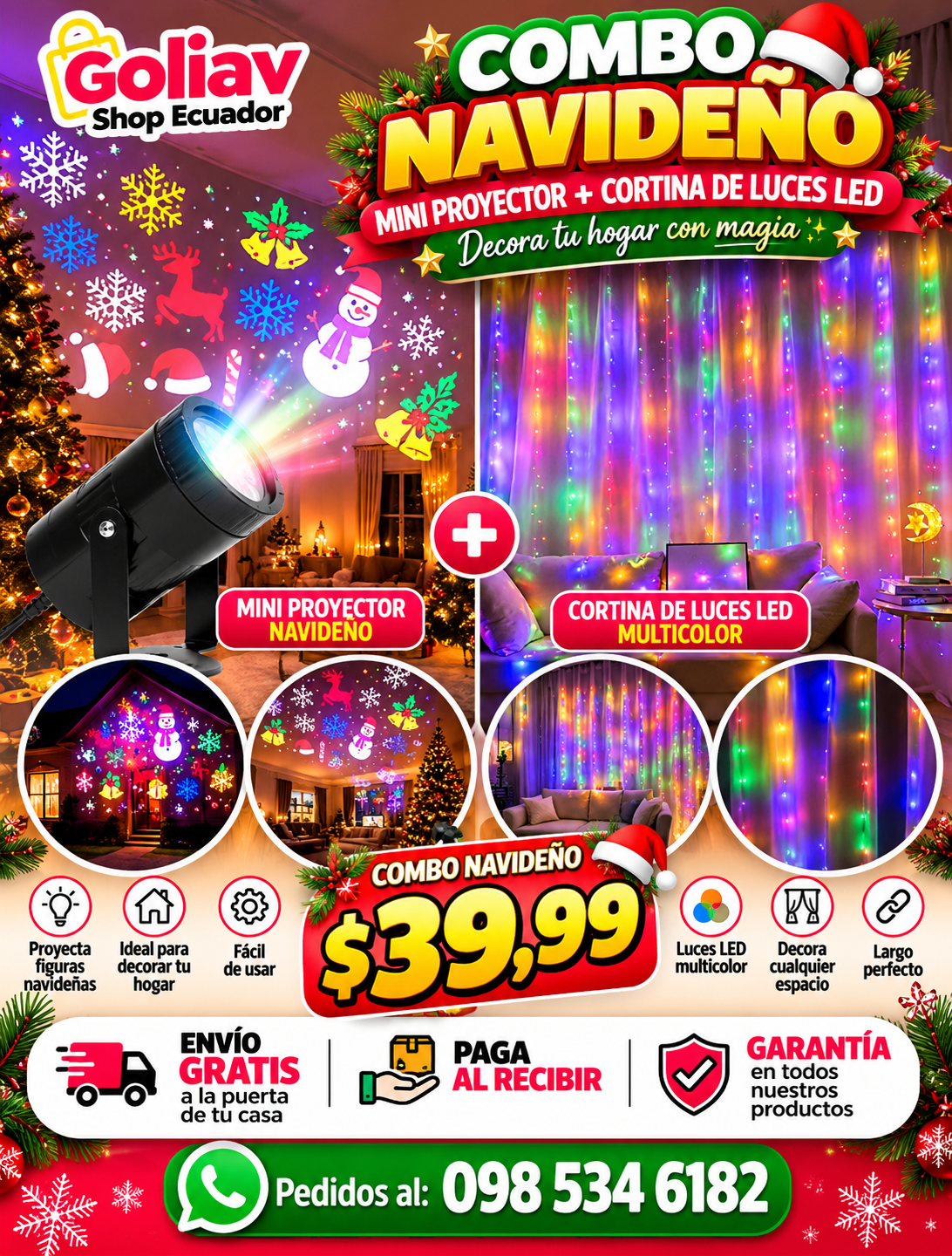 Mini Proyector Navideño + Cortinas de Luces Led Combo